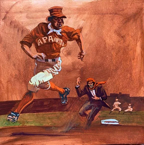 The Base Runner, original gouache painting, 12"h x 12" w PRICE: $600