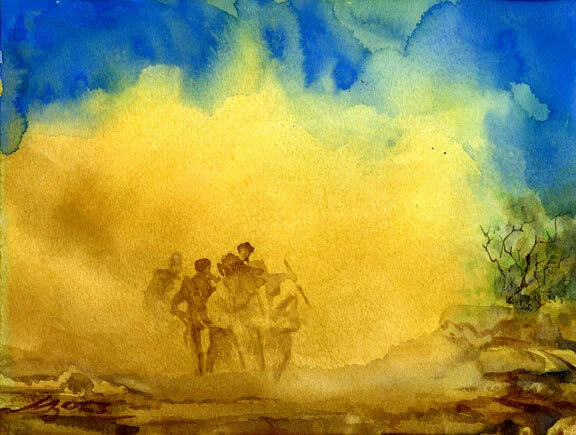 The Border Crossers, original gouache painting, 9"h x 12"w PRICE: $400