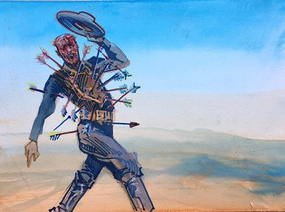 Custer Wears Arrow Shirts, Idea #5, original gouache painting, 9"h x 12"w PRICE: $400
