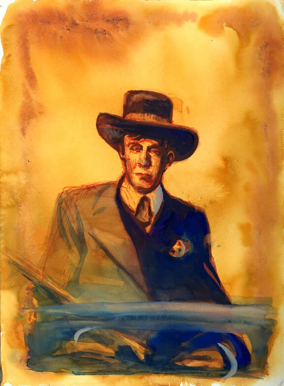 Frank Hamer, original gouache painting, 16"h x 12" w $600