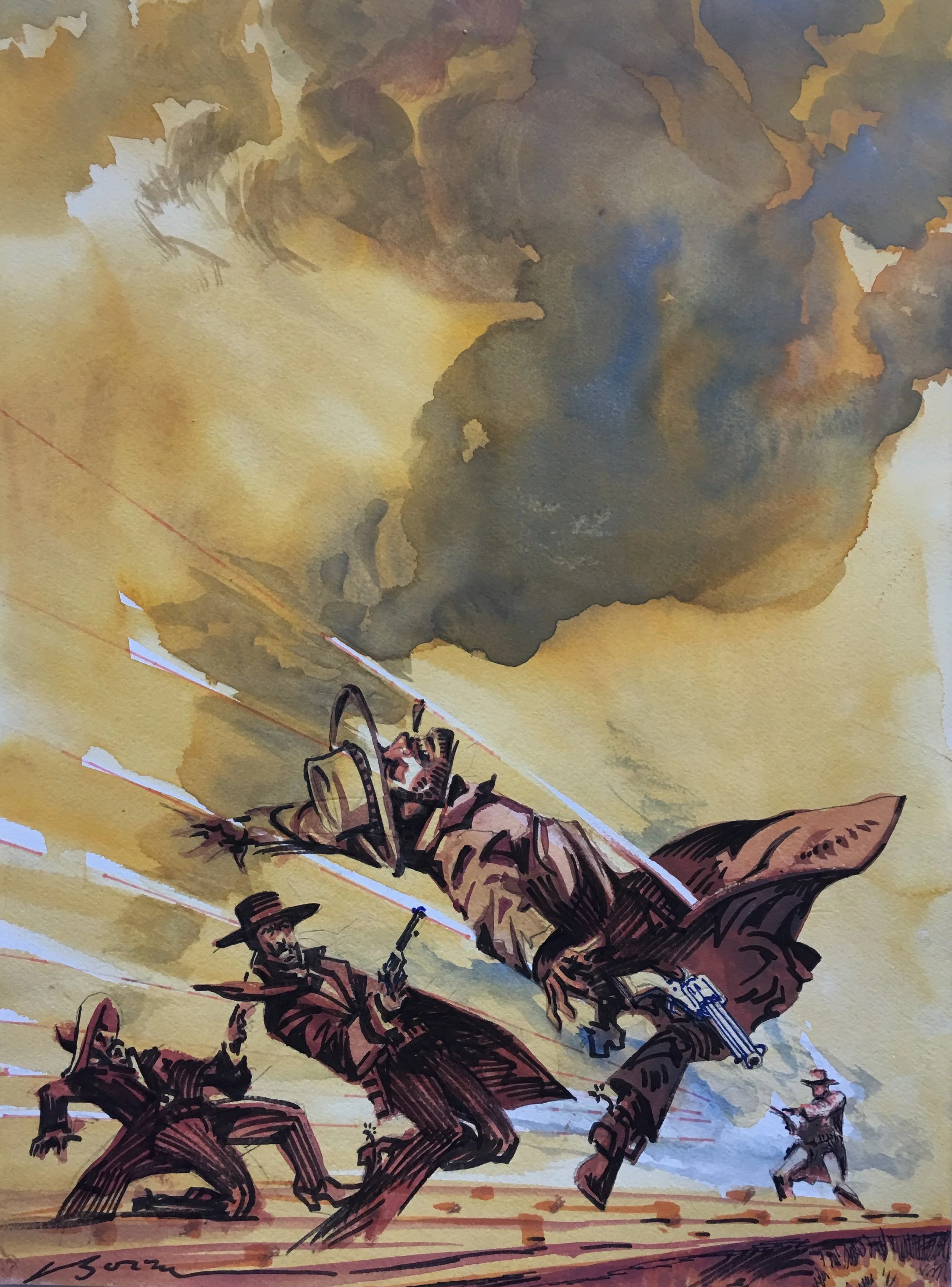 Desperados waiting For The Train (l-r: Eli Wallach; Lee Van Cleef; Clint Eastwood) Shot Down By Charles Bronson, original gouache painting, 16"h x 12"w PRICE: $600