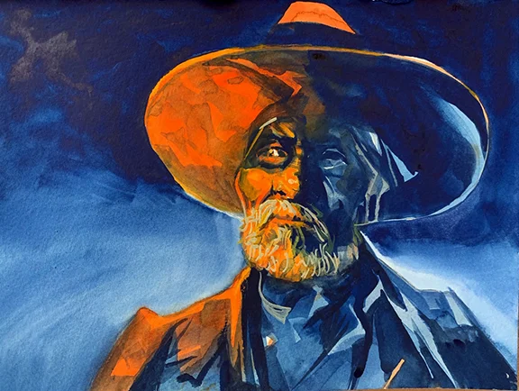 Old Vaquero In Campfire One, original gouache painting, 9"h x 12"w PRICE: $400
