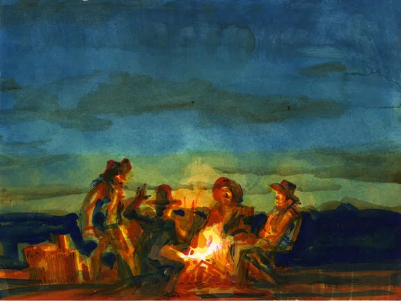 Campfire Confessions, II, original gouache painting, 6"h x 8"w PRICE: $250