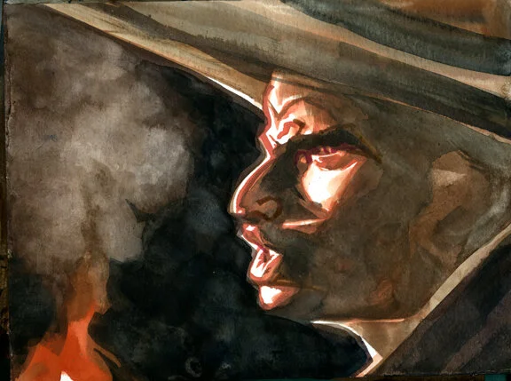 Campfire Bravado, original gouache painting, 9" x 12", 9" x 12" PRICE: $400