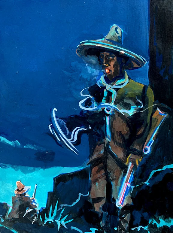 Midnight Guards In The Pass Take A Smoke Break, original gouache painting, 12'h x 9"w PRICE: $400