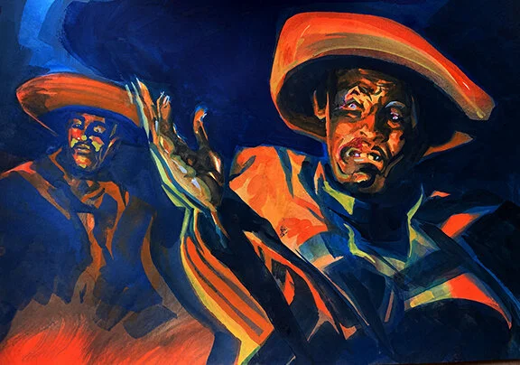 Viejo Campfire Prophecy, original gouache painting, 11" h x 15"w PRICE: $525
