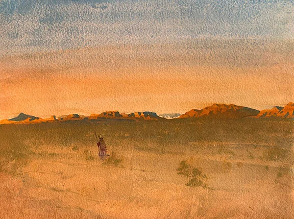 Pendejo Wanders The Trackless Desert, original gouache painting, 9"h x 12"W PRICE: $400