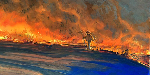 Firewalking With Pendejo, Part II, original gouache painting, 9.5"h x 17"w PRICE: $525