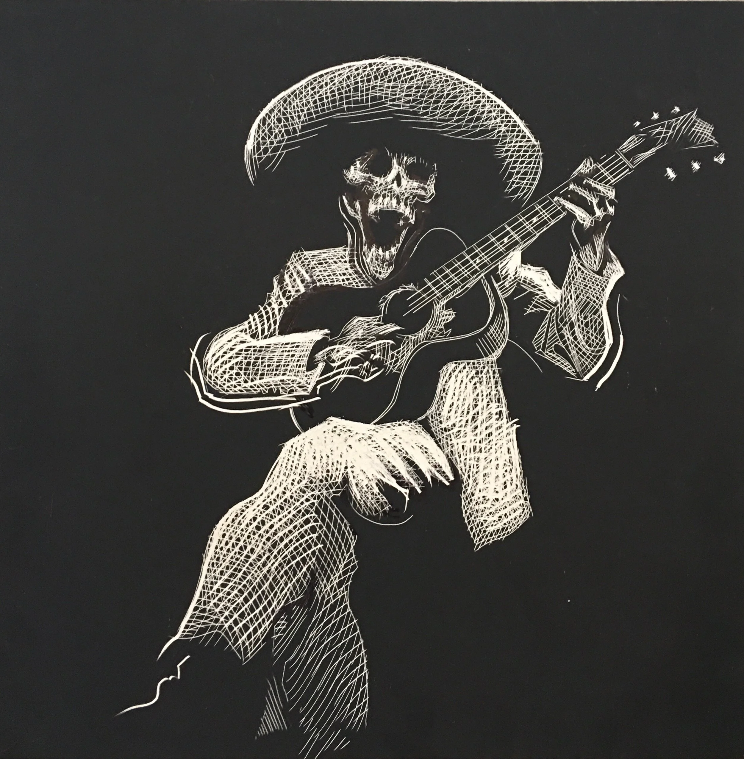 SOLD! Day-of-the-dead Pandemic Pendejo Corridor, original illustration on scratchboard, 12"h x 12"w PRICE: $450
