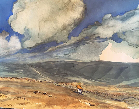 Pendejo Wandering Above The Treeline, original gouache painting, 9"h x 12"w PRICE: $400