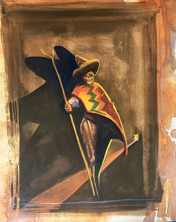 Pendejo In The Shadows, original gouache painting, 16"h x 12"w PRICE: $600