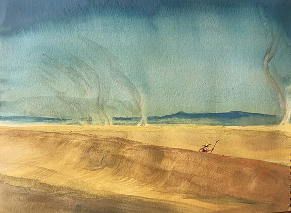 Pendejo Crosses The Dunes, original gouache painting, 11"h x 15"w PRICE: $525