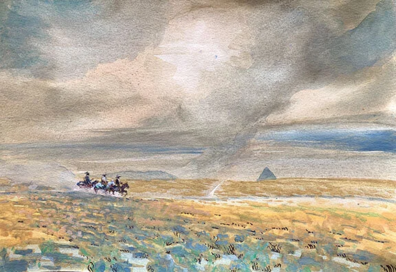 Three Slaughter Cowboys, original gouache painting, 10"h x 14"w PRICE: $425