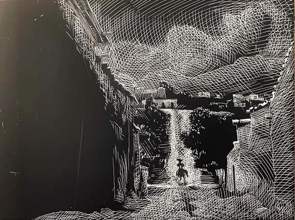 Pendejo Rides In, illustration on scratchboard, 9"h x 12"w PRICE: $400