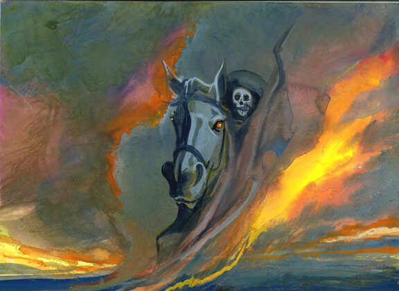 Death In The Dust, original gouache painting, 11" h x 15"w PRICE: $525