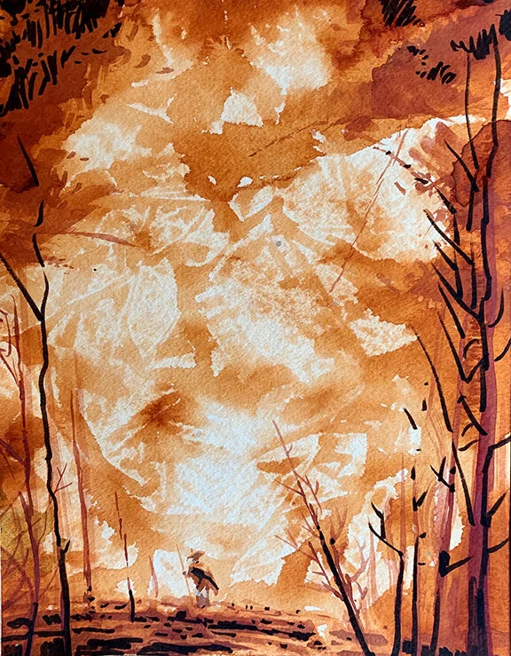 Pendejo Takes A Stroll Thru The Forest, original gouache painting, 12"h x 9"w PRICE: $400