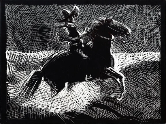 Vaquero On The Move, original illustration on scratchboard, 9"h x 12"w PRICE: $400