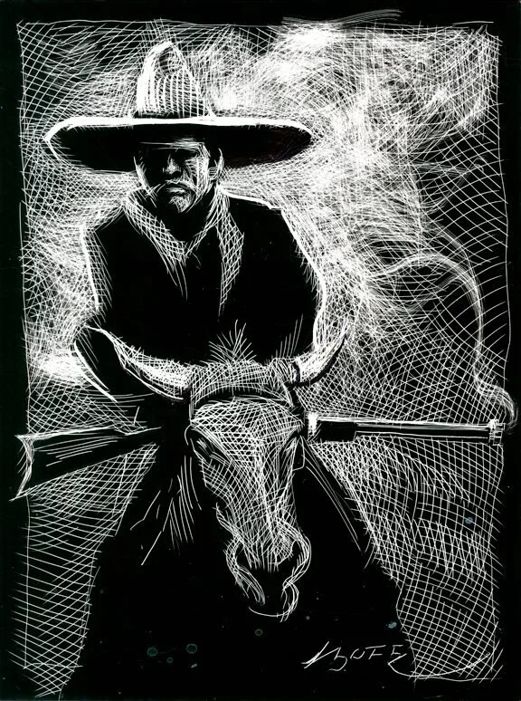 Vaca Riding Vaquero And That Ain't No Bull, original illustration on scratchboard, 12" h x 9"w PRICE $400
