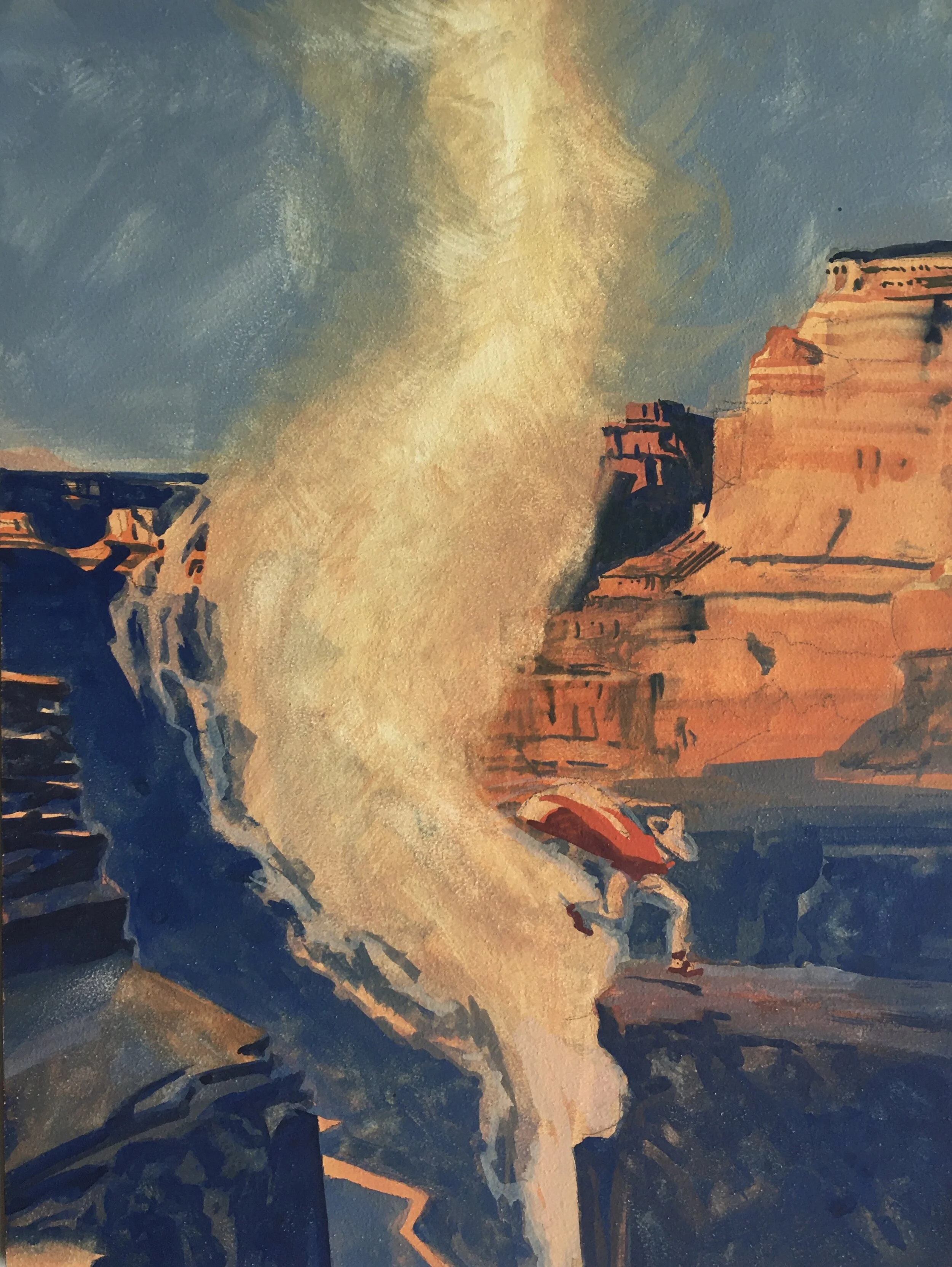 That Pendejo Steped Off A Dust Devil Right Onto A Ledge, original painting on aqua board, 12"h x 9"w PRICE: $400
