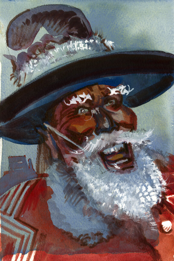 Santa Res: "Ay-Ho, Ay-Hot, Ay-Ho!, original gouache painting, 9"h x 6"w PRICE: $300