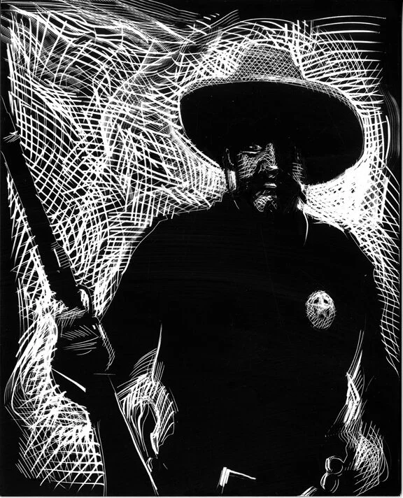 Bass With His Trusty Rifle, original illustration on scratchboard, 10"h x 8"w, 2021 Price $375