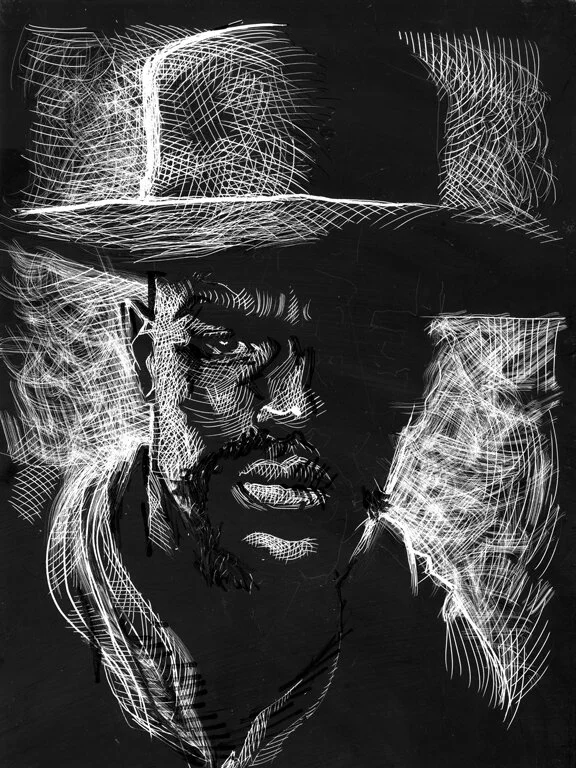 Bass Reeves Up Close And Personal, original illustration on scratchboard, 12"h x 9"w, 2020 Price $400