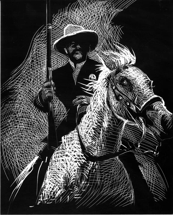 Bass Reeves On His White Horse, original illustration on scratchbord, 10"h x 8"w, 2020 Price $375