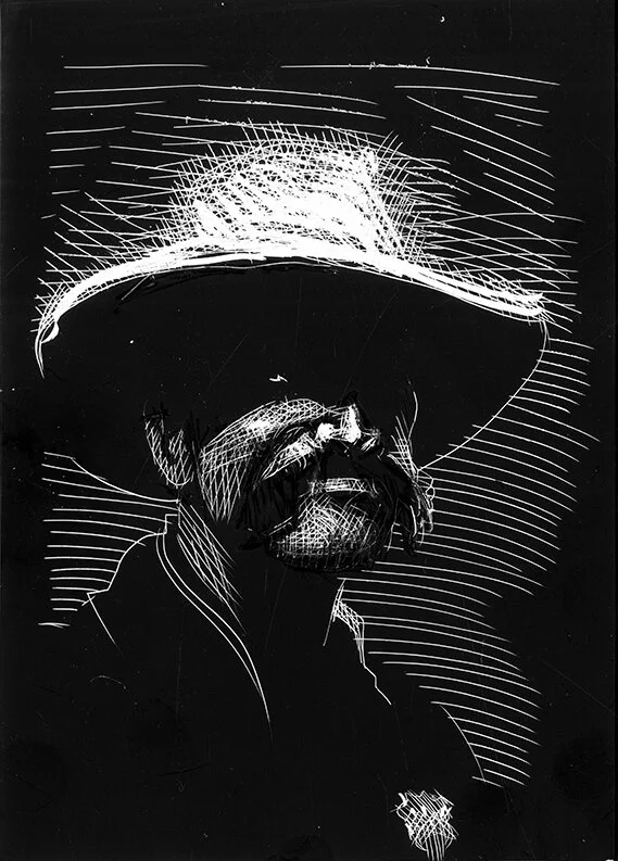 Black Man In A White Hat, original illustration on scratchboard, 7"h x 5"w, 2020 Price $250