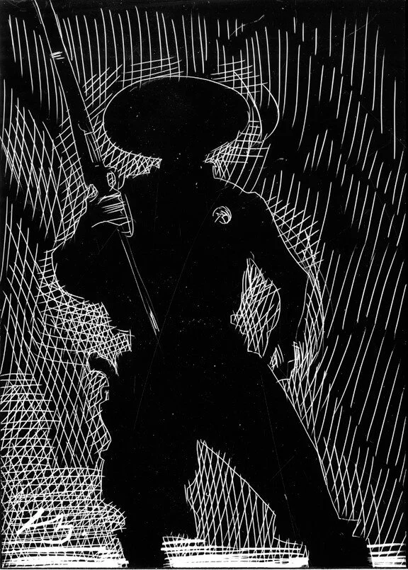 Standing Lawman, original illustration on scratchboard, 9"h x 11"w, 2021 Price $400