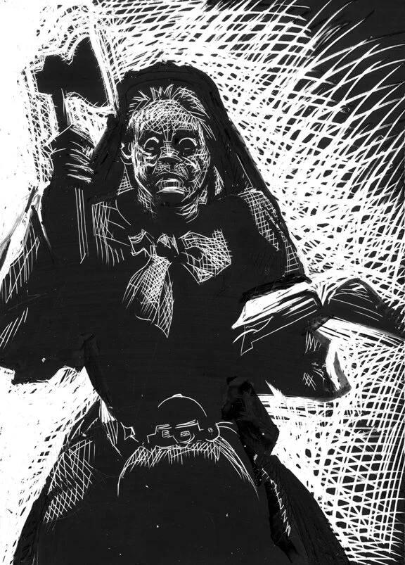Carrie Nation & Her Hatchetations, original illustration on scratchboard, 7"h x 5"w, 2021 Price $250