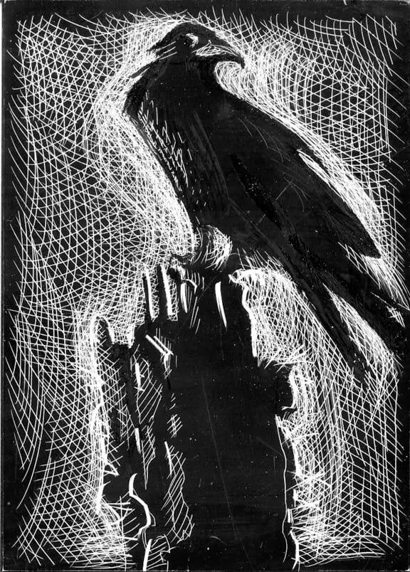 Something To Crow About, original illustration on scratchboard, 7"h x 5"w PRICE: $250