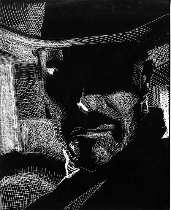 Outback Cop Backs Up, original illustration on scratchboard, 10"h x 8"w PRICE: $375