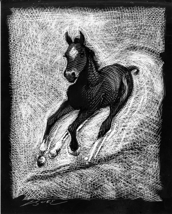 The Wildest Horses Make The Best Colts #2, original illustration on scratchboard, 10"h x 8"w PRICE: $375