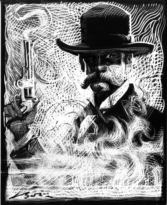 When The Smoke Cleared, original scratchboard, 1O"h x 8"w, 2021 PRICE: $375