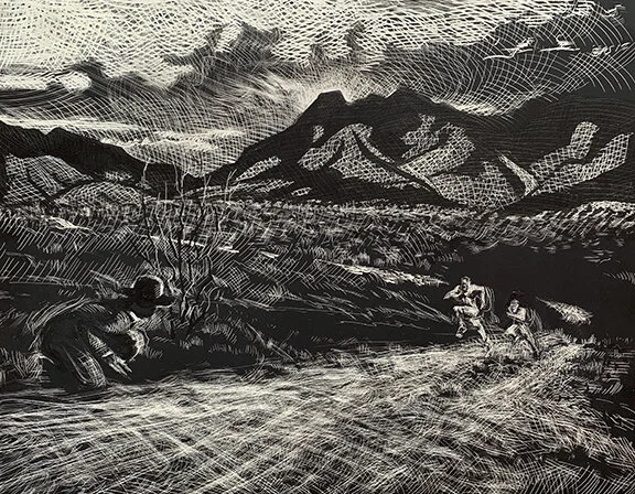 Two Nude Tombstone Sprinters, original illustration on scratchboard, 16"h x 20"w, 2021 PRICE: $875
