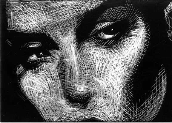 Spanish Eyes, original scratchboard, 5"h x 7"w, 2021 PRICE: $250