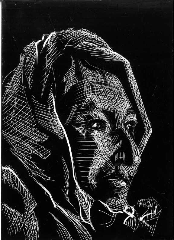 The Cook, original illustration on scratchboard, 7"h x 5"w, 2021 PRICE: $250
