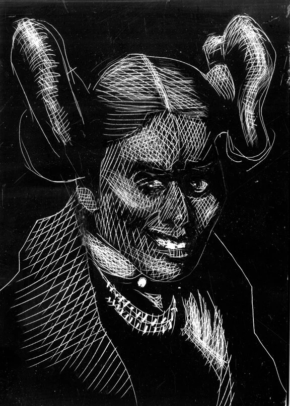 Don't Worry, Be Hopi, original illustration on scratchboard, 7"h x 5"w, PRICE $250