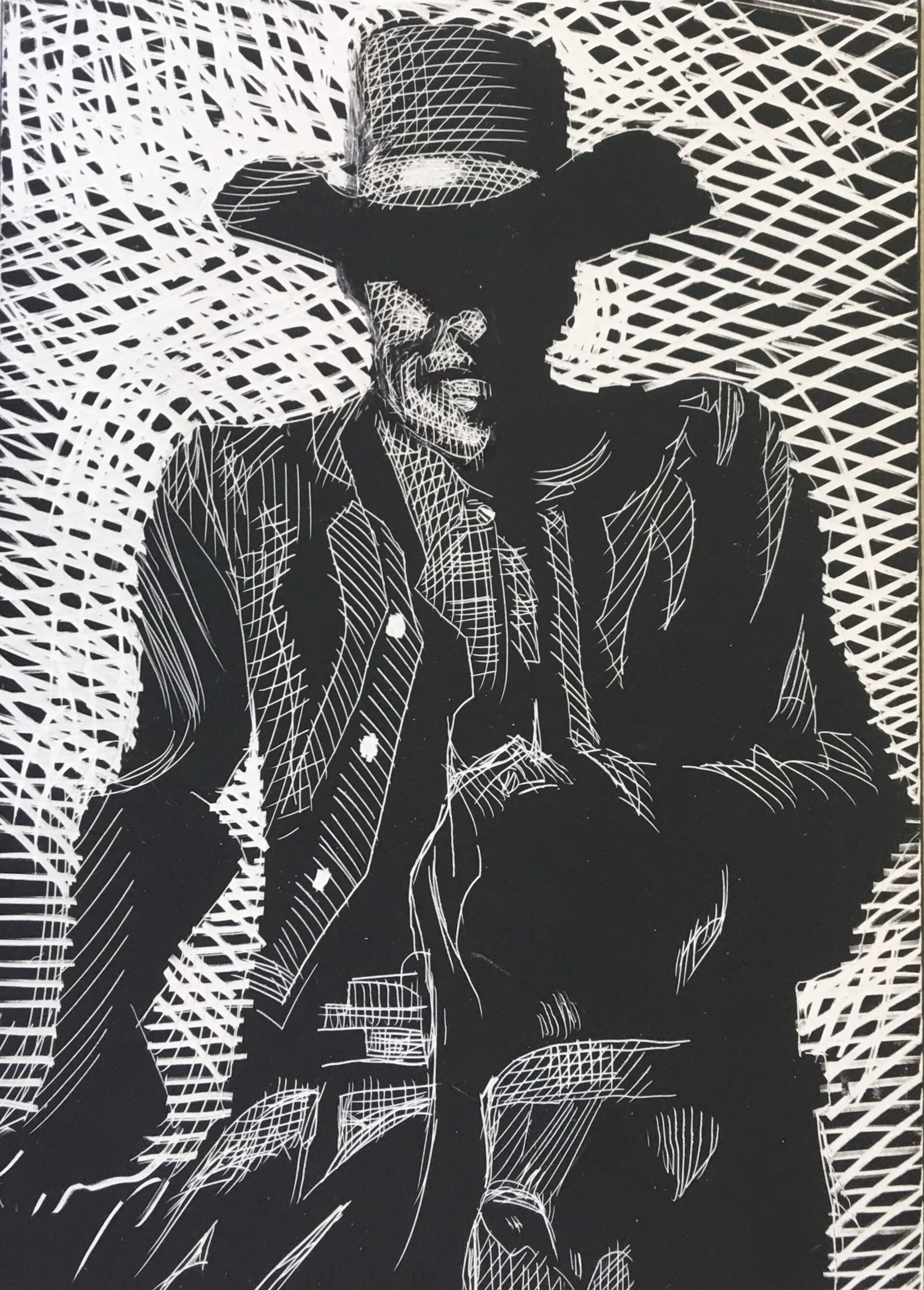 The Happy Rider, In Fact, Riding Made Him So Happy He Could Spit, original illustration on scratchboard, 7"h x 5"w, 2021 PRICE: $250