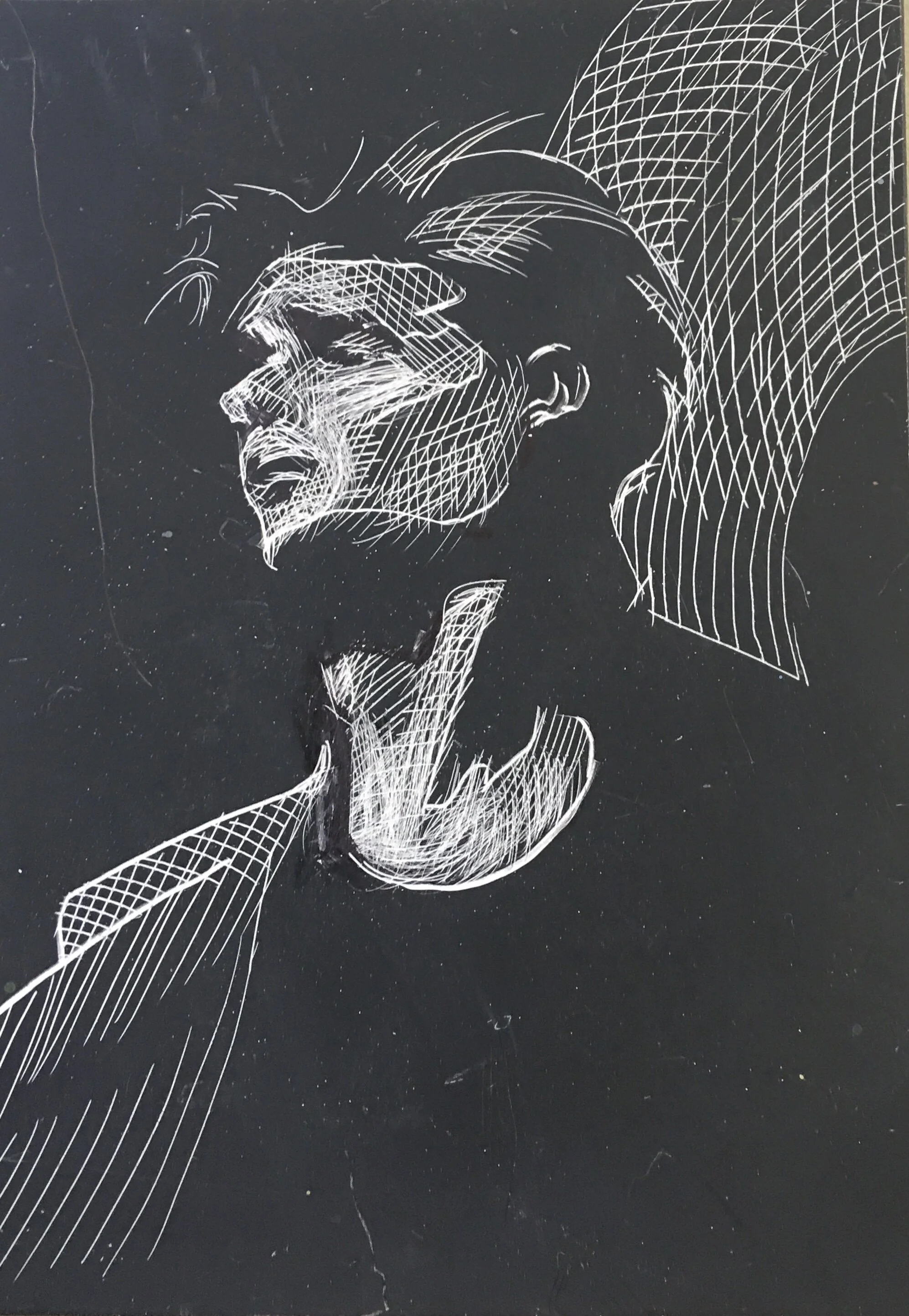 A Dork In Darkness, original illustration on scratchboard, 7"h x 5"w, 2021 PRICE: $250