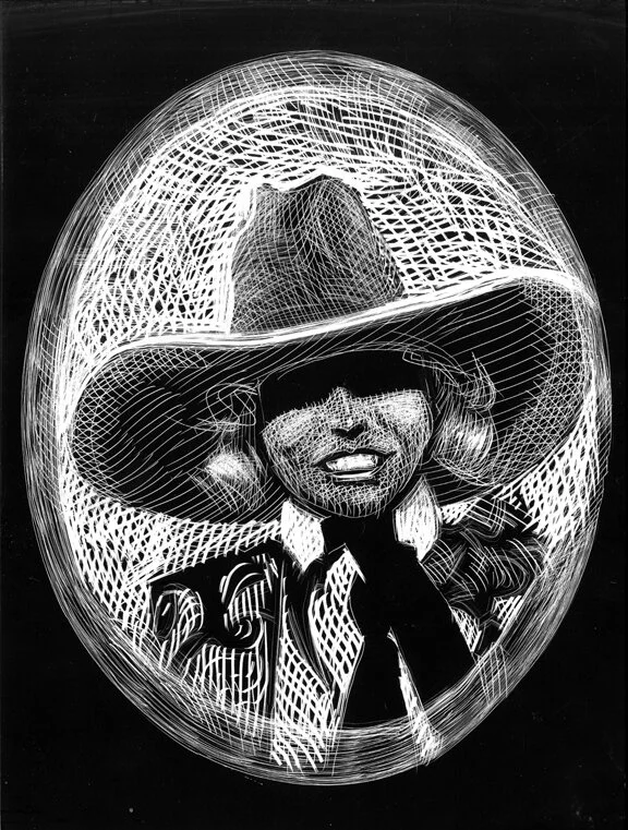 Gertie Guess, original illustration on scratchboard, 12"h x 9"w, 2021 PRICE: $400