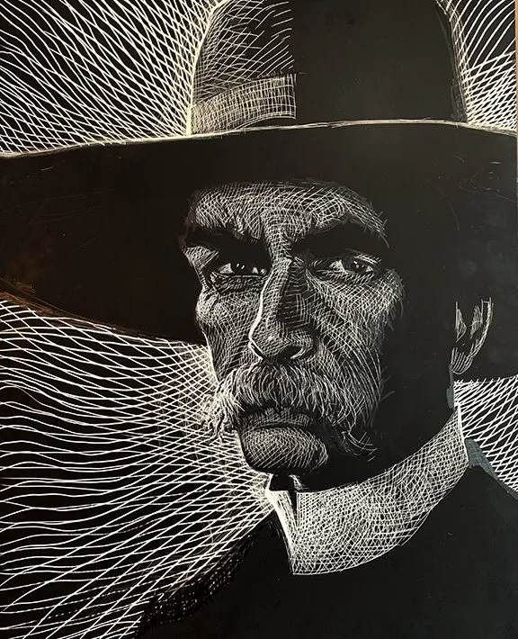 Sam Elliott #3, original scratchboard illustration, 14"h x 11"w PRICE $500