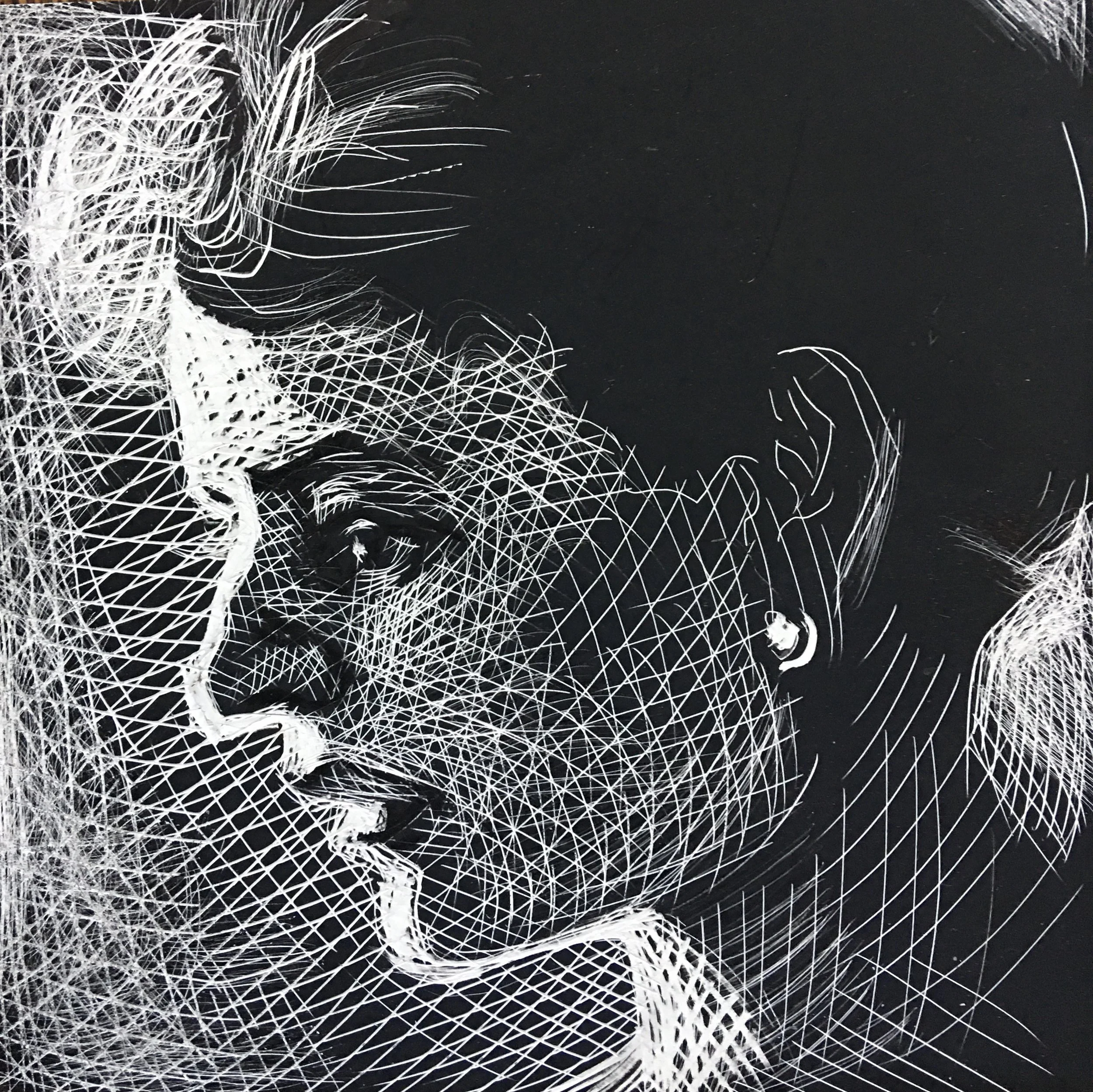 Enlightened, original scratchboard illustration, 5"h x 5"w, 2021 PRICE $200