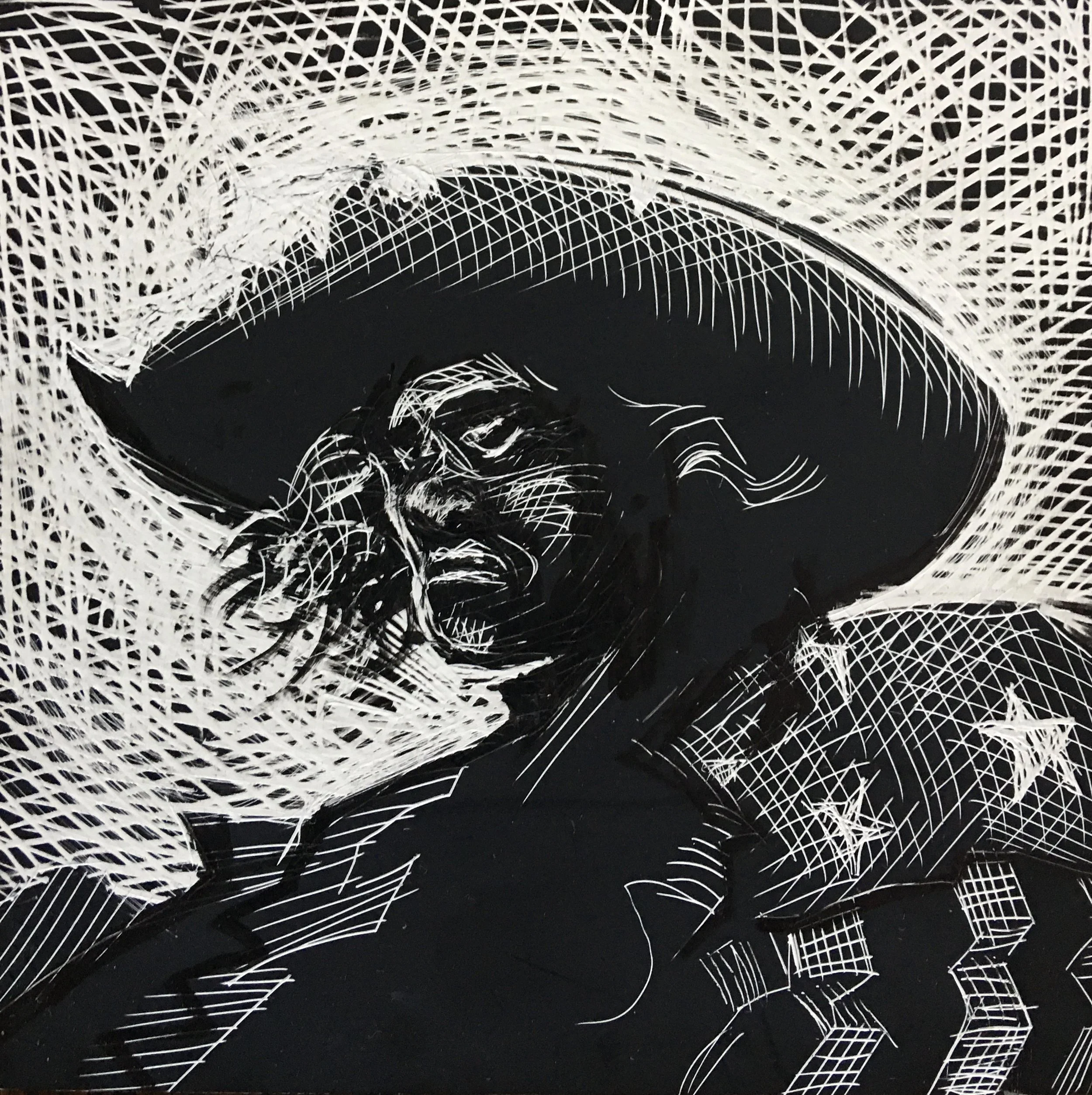 Mickey Free, original scratchboard illustration, 5"h x 5"w, 2021. PRICE $200