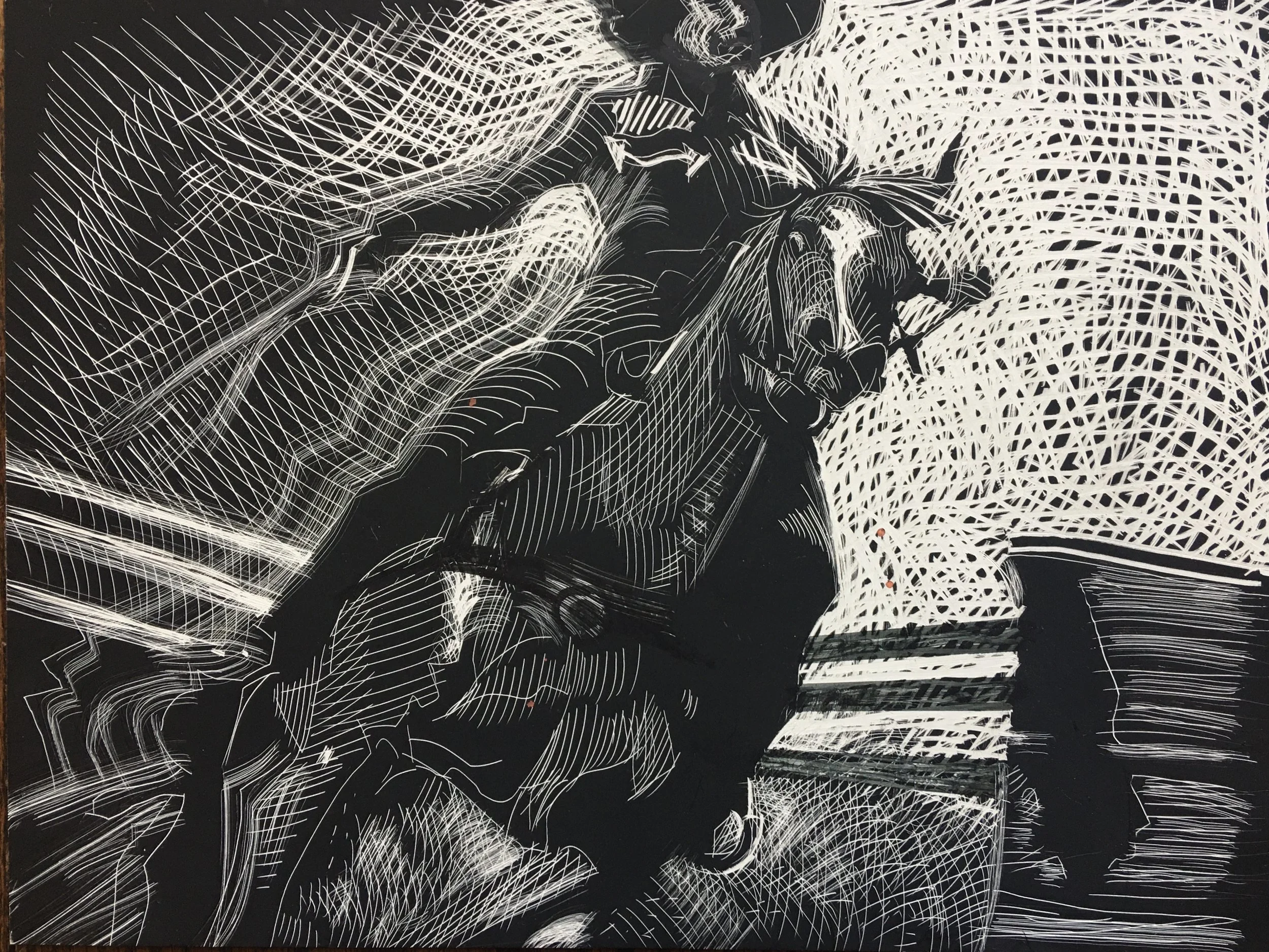 Barrel Racer, original scratchboard illustration, 9"h x 12"w, 2021 PRICE $400