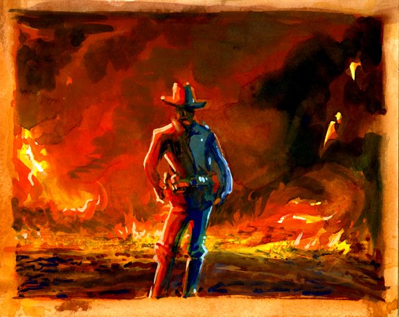 Red State-Blue State Cowboy, original gouache painting, 8"h x 10"w, 2020 PRICE: $375