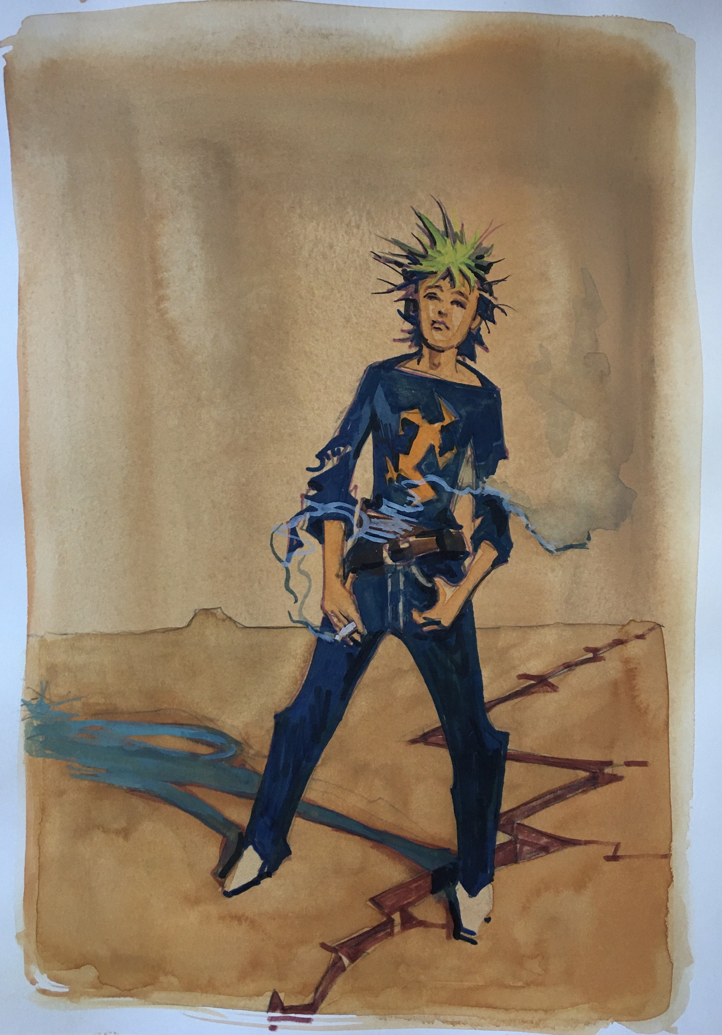 Dixxy Diamond Cowgirl Punk, original gouache painting, 12"h x 9"w, 2021. PRICE: $400