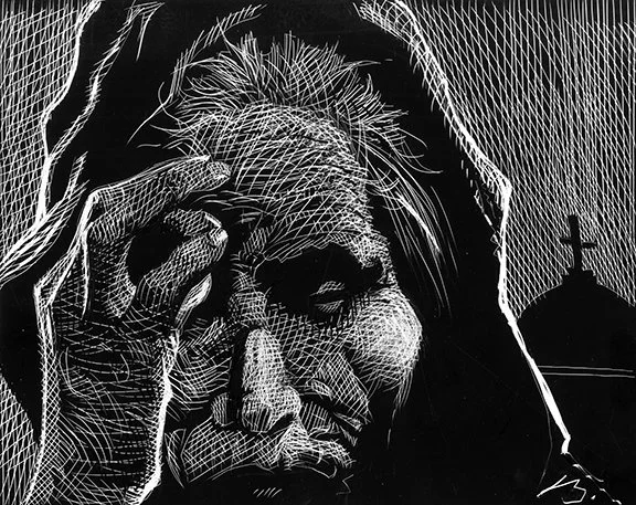 "The Supplicant (La Suplicante)", original illustration on scratchboard, 10"h x 8"w, 2022. PRICE: $375