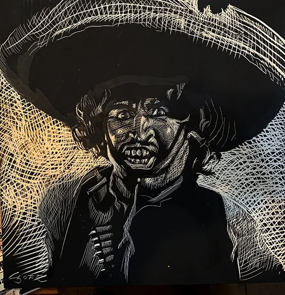 "Badges?", original illustration on scratchboard, 12"h x 12"w, 2022 PRICE $425