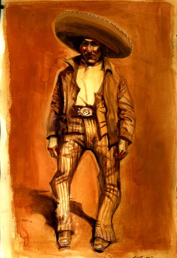 "Bowlegged Vaquero", original gouache painting, 18"h x 12"w, 2022 PRICE $750